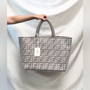 •••SOLD•••New Fendi FF Knitted Cashmere Zucca Light Grey Large Shopper Tote Bag